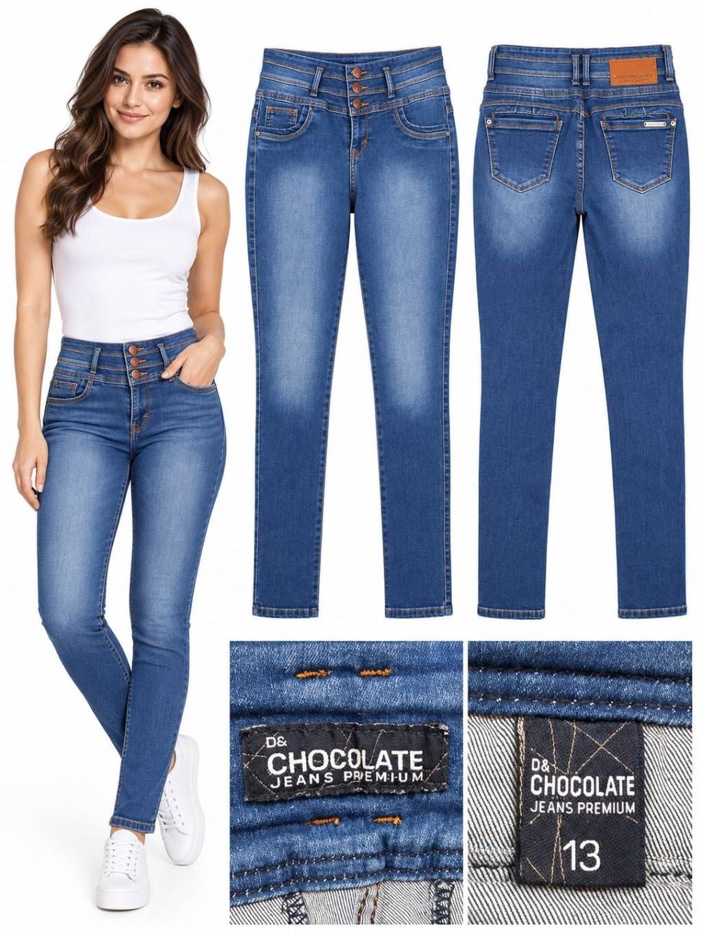 D& Chocolate 13 High Rise Skinny Jeans Triple Button